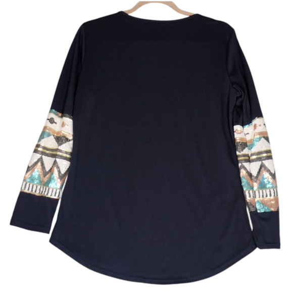 Arden Furtado Knit Top Womens L Knit Top Blue Beaded Sequins Tribal Pocket - Picture 9 of 12